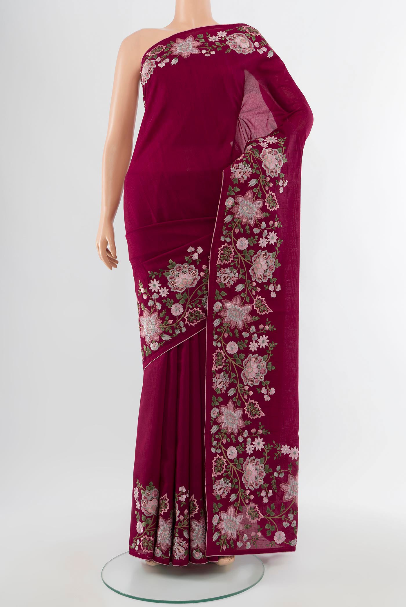 Purple Art Silk Saree with Embroidery on the body and Silk Border.  displayed on a mannequin