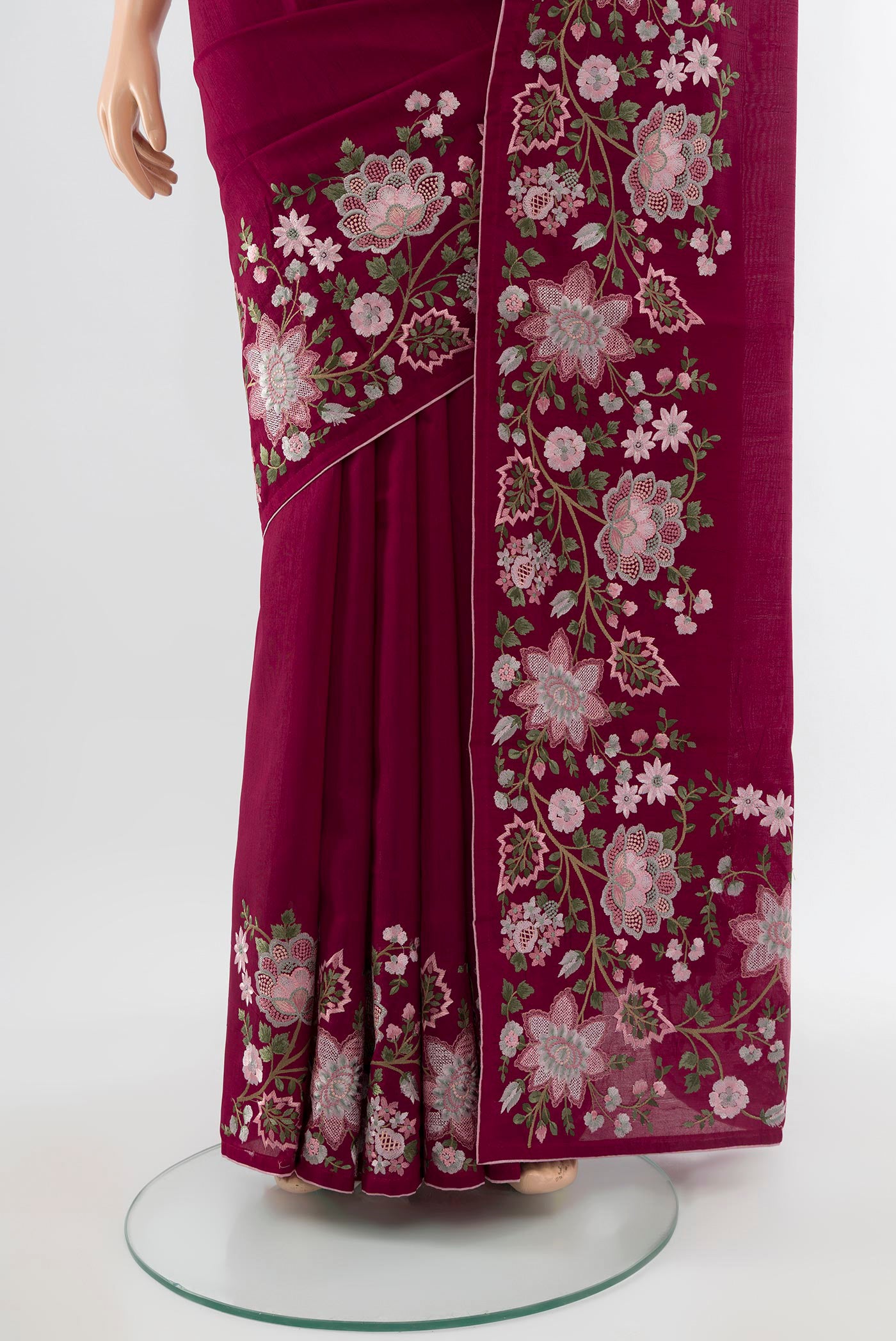 Pleats and pallu of Purple Art Silk Saree with Embroidery on the body and Silk Border. 