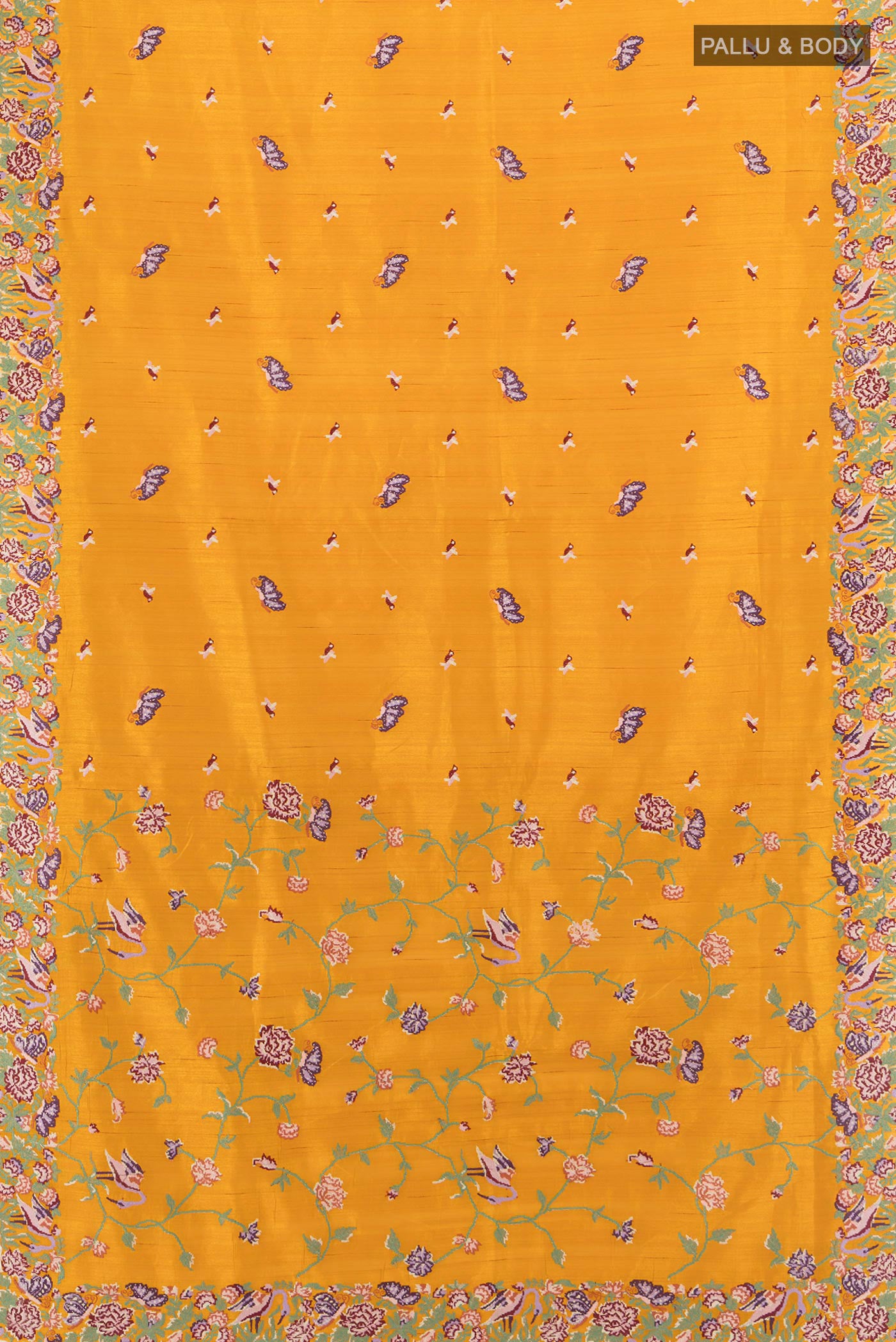 Flat view of Mustard Art Silk Saree with Embroidery on the body and Silk Border. 