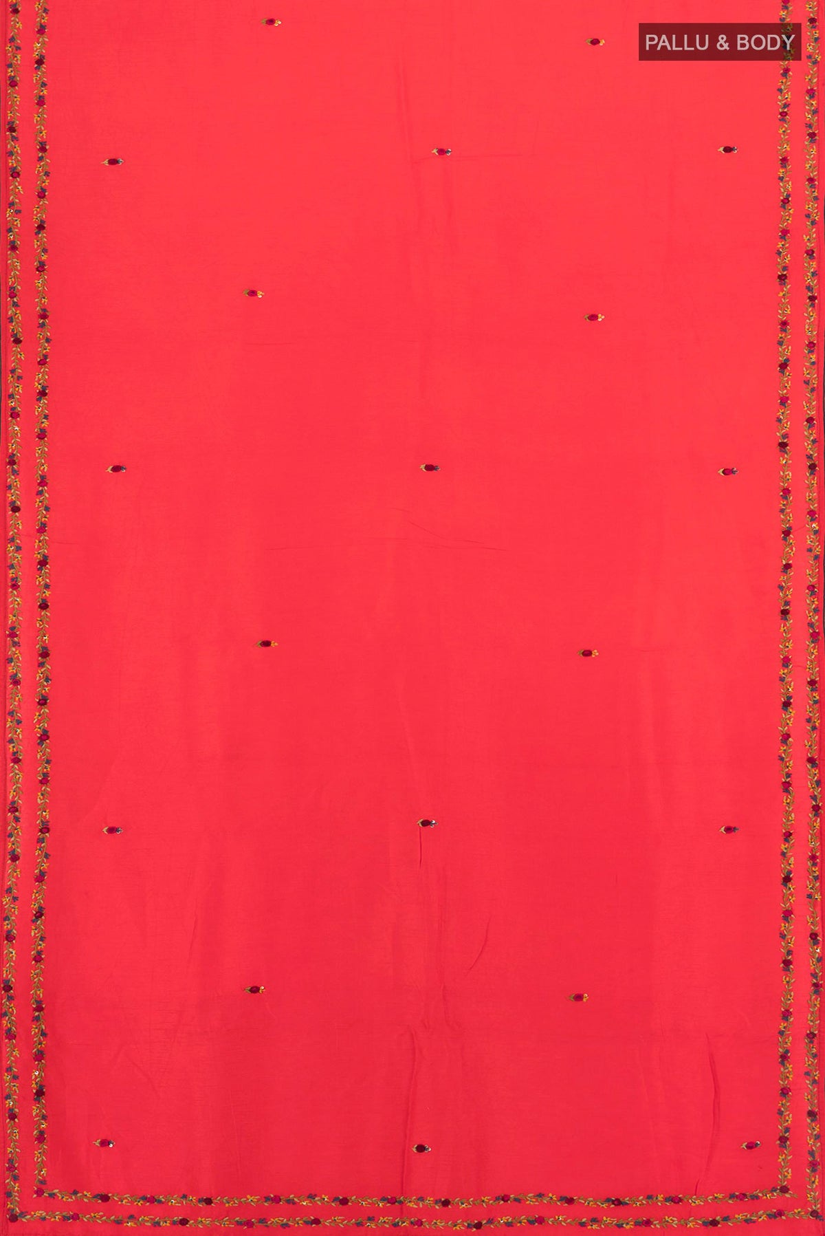 Flat view of Orange Blended Art Silk Saree with Embroidery on the body and Embroidery Border. 