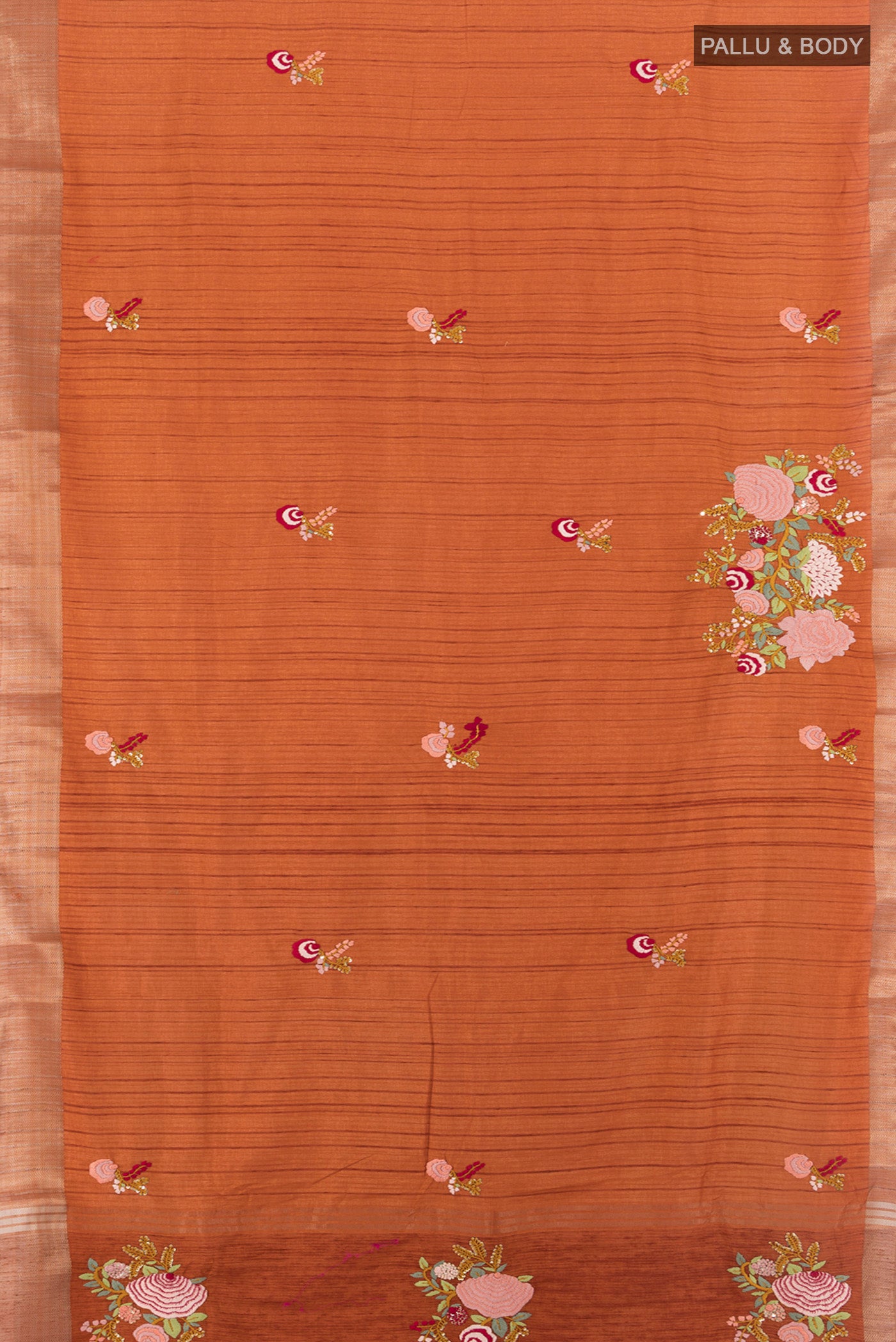 Flat view of Rust Blended Art Silk Saree with Embroidery on the body and Zari Border. 
