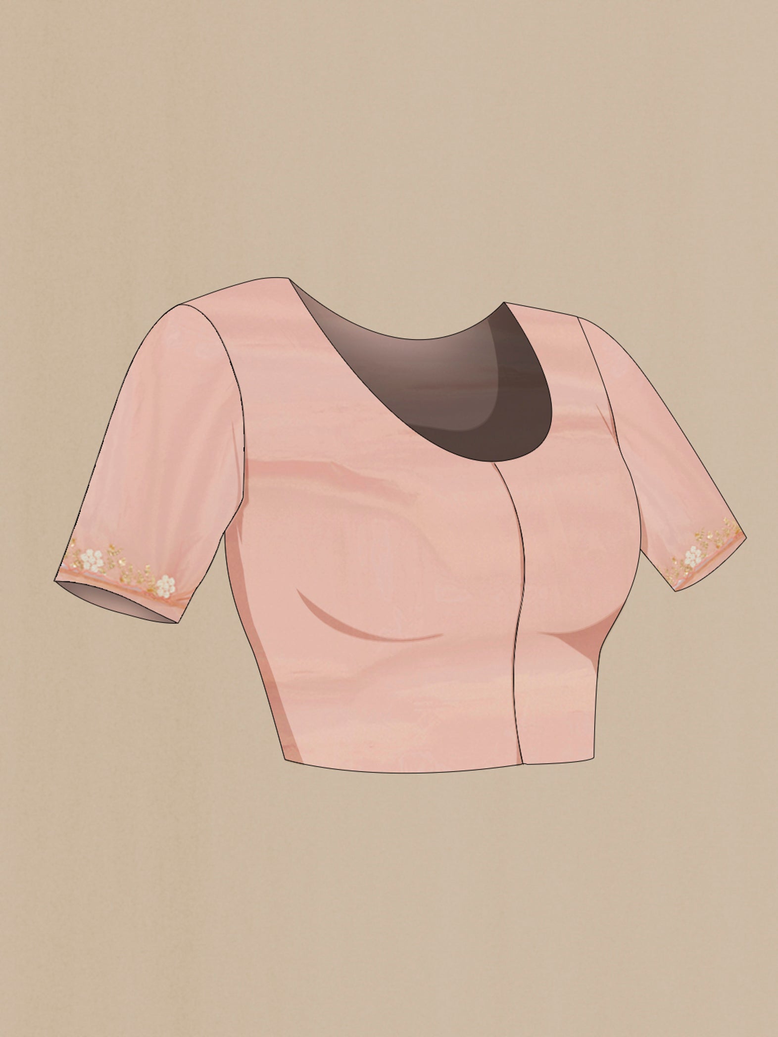 Close up image of the blouse of Peach Blended Tissue Silk Saree with Embroidery on the body and Embroidery Border. 