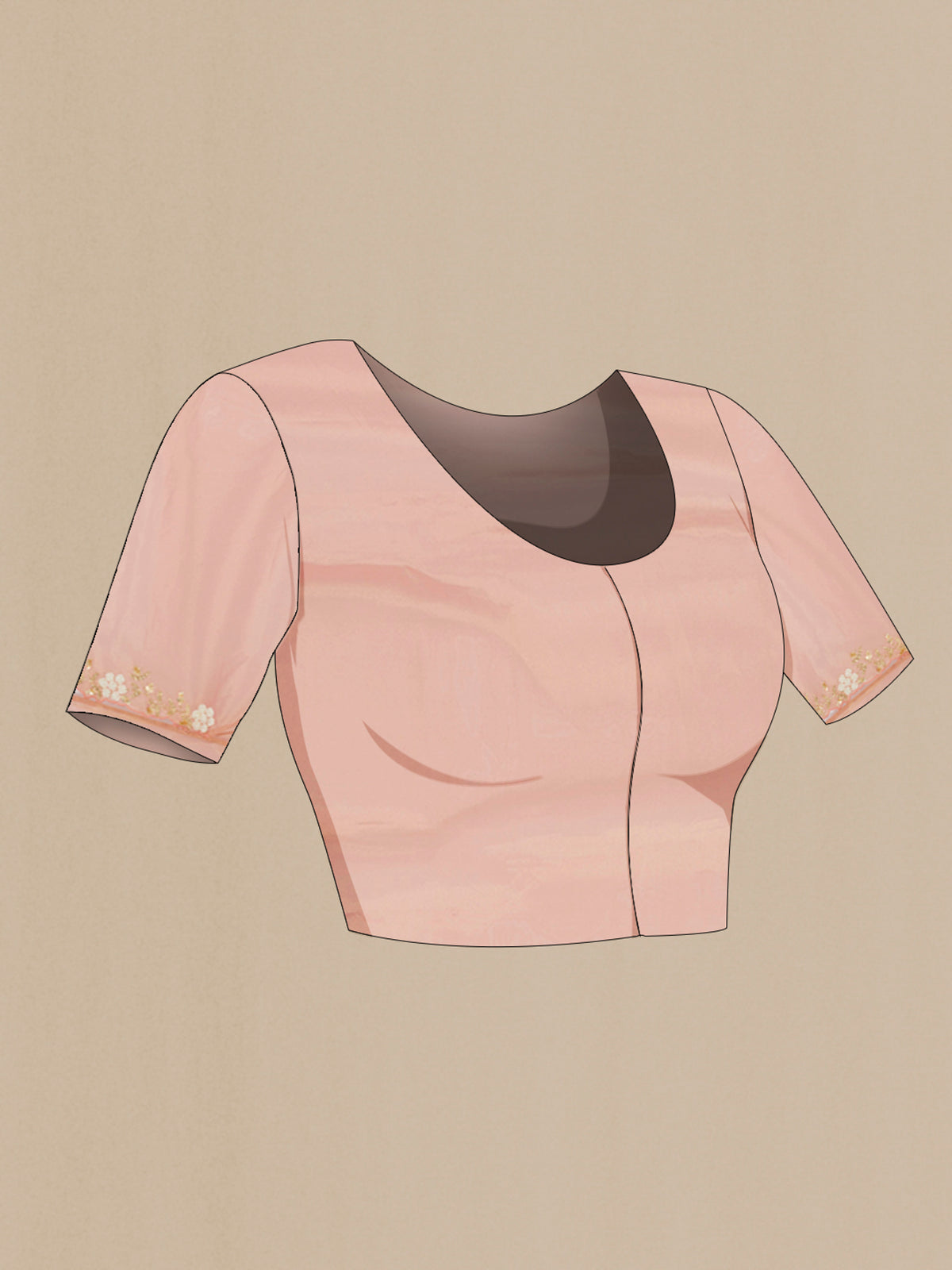 Close up image of the blouse of Peach Blended Tissue Silk Saree with Embroidery on the body and Embroidery Border. 