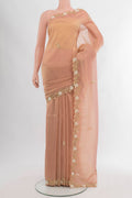 Peach Blended Tissue Silk Saree with Embroidery on the body and Embroidery Border.  displayed on a mannequin