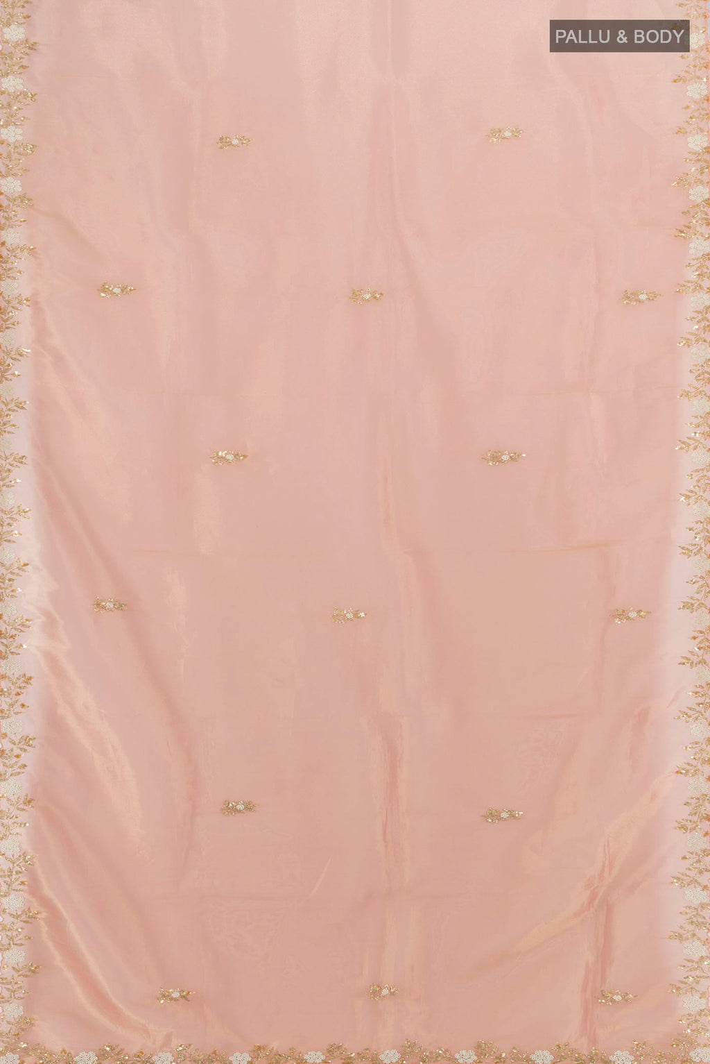 Flat view of Peach Blended Tissue Silk Saree with Embroidery on the body and Embroidery Border. 