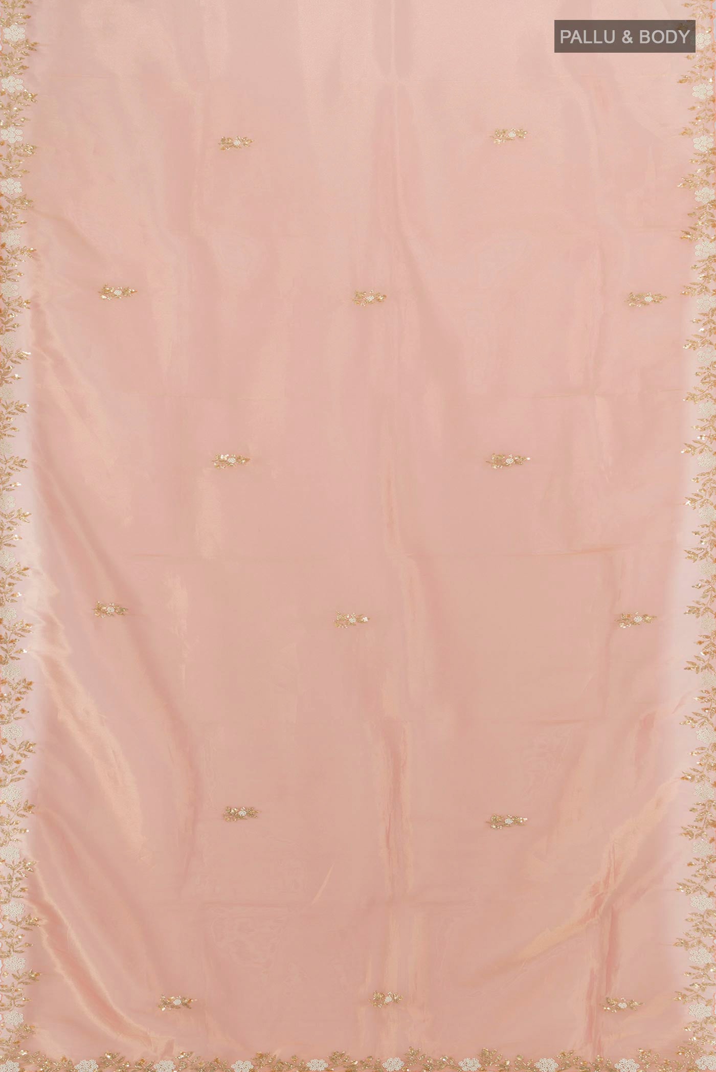 Flat view of Peach Blended Tissue Silk Saree with Embroidery on the body and Embroidery Border. 