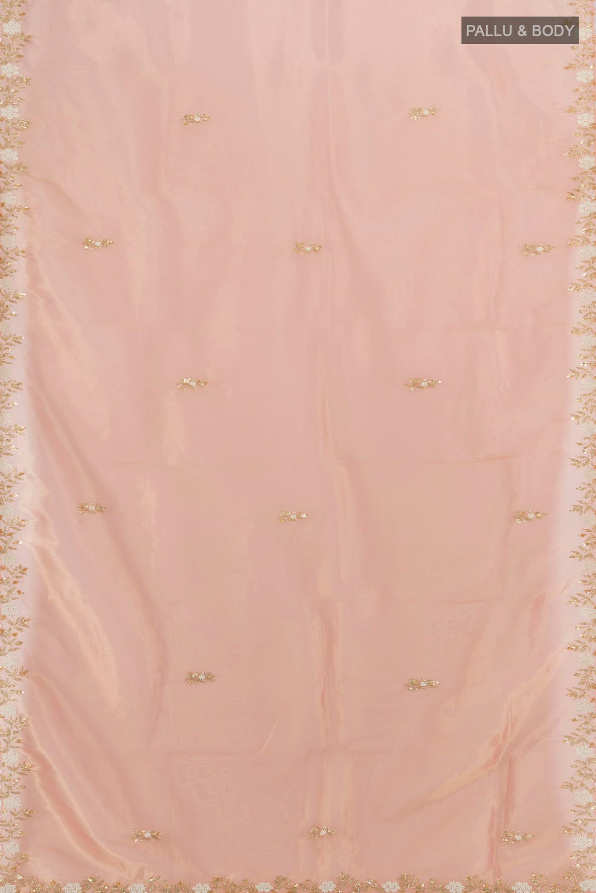 Flat view of Peach Blended Tissue Silk Saree with Embroidery on the body and Embroidery Border. 