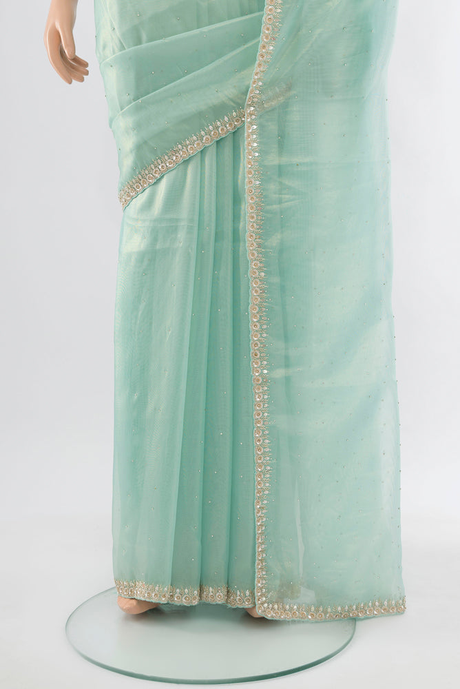 Pleats and pallu of Sky Blue Art Silk Saree with Embroidery on the body and Silk Border. 