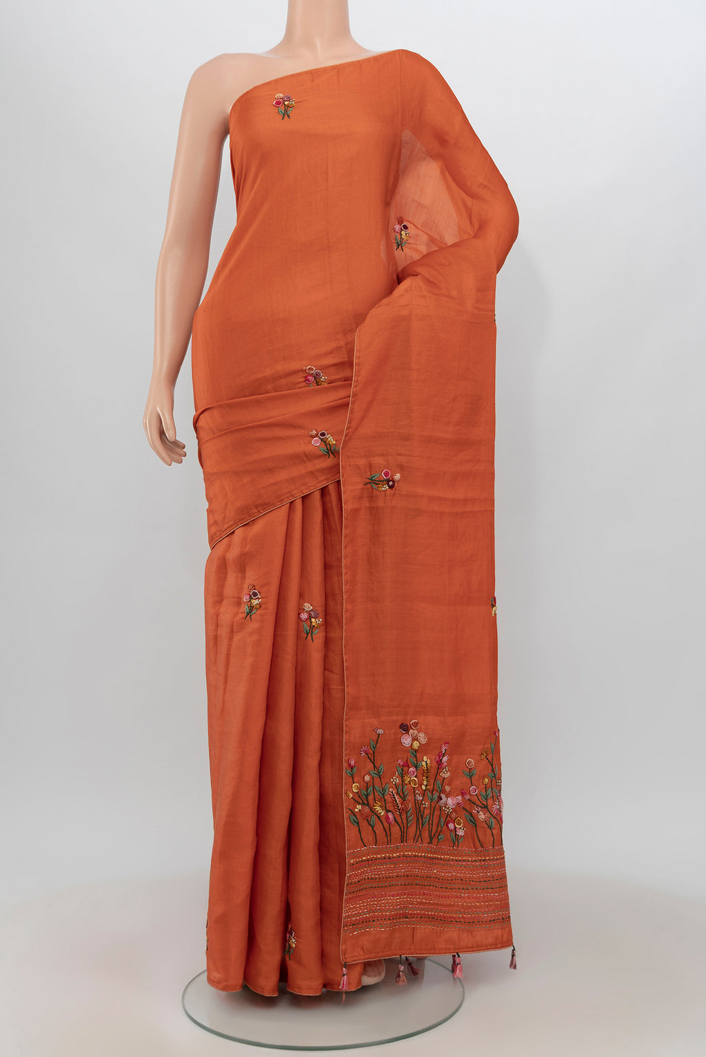 Orange Blended Art Silk Saree with Embroidery on the body and Embroidery Border.  displayed on a mannequin