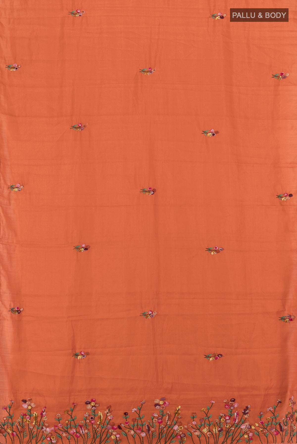 Flat view of Orange Blended Art Silk Saree with Embroidery on the body and Embroidery Border. 