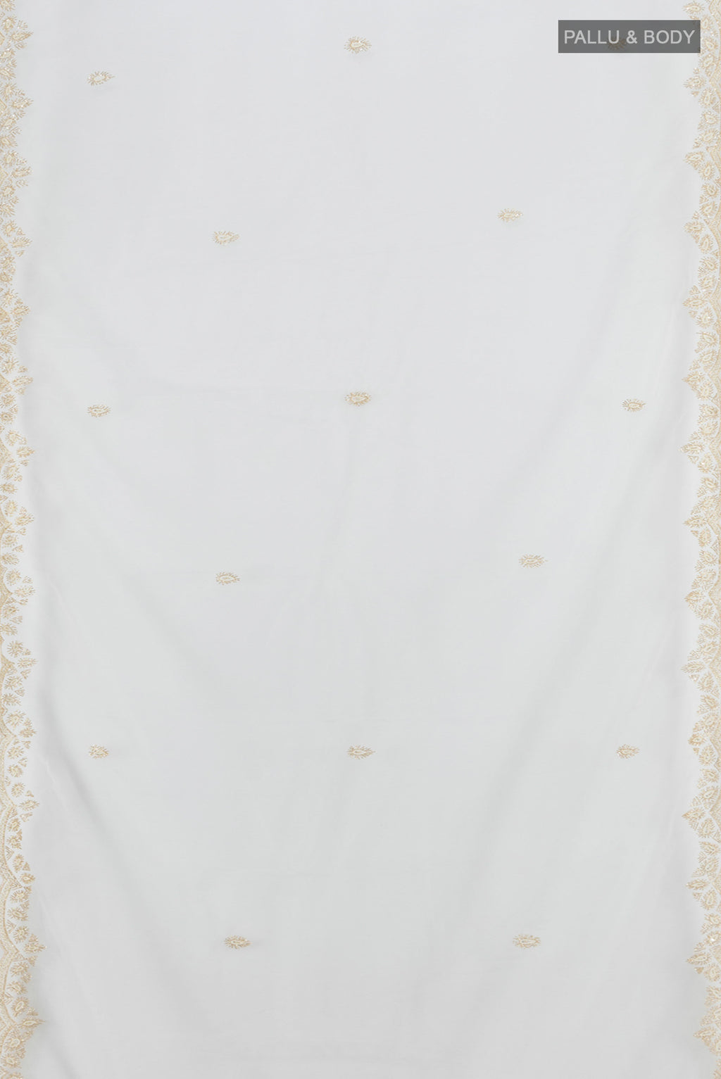 Flat view of Cream Embroidery Net Saree with Embroidery on the body and Silk Border. 