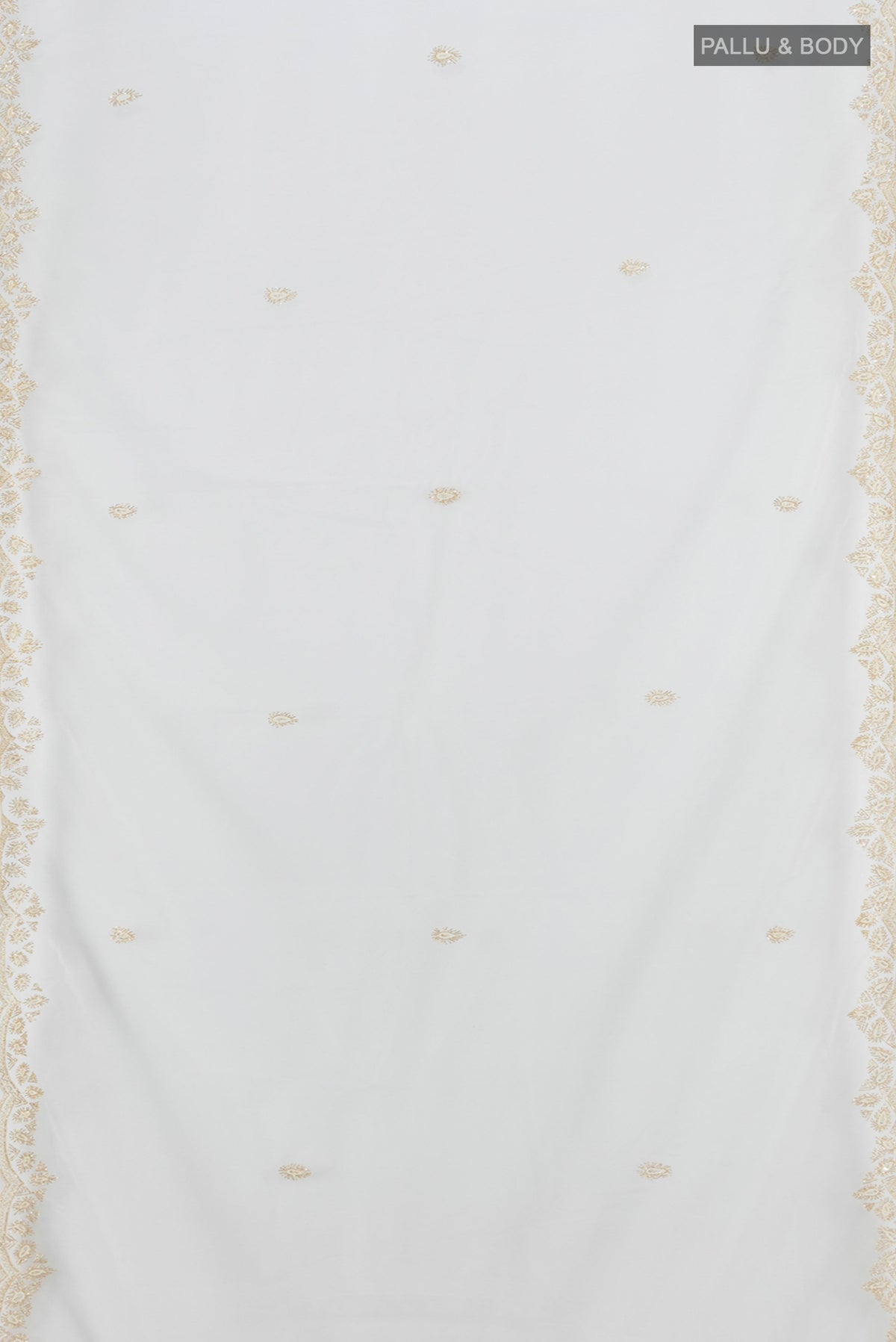 Flat view of Cream Embroidery Net Saree with Embroidery on the body and Silk Border. 