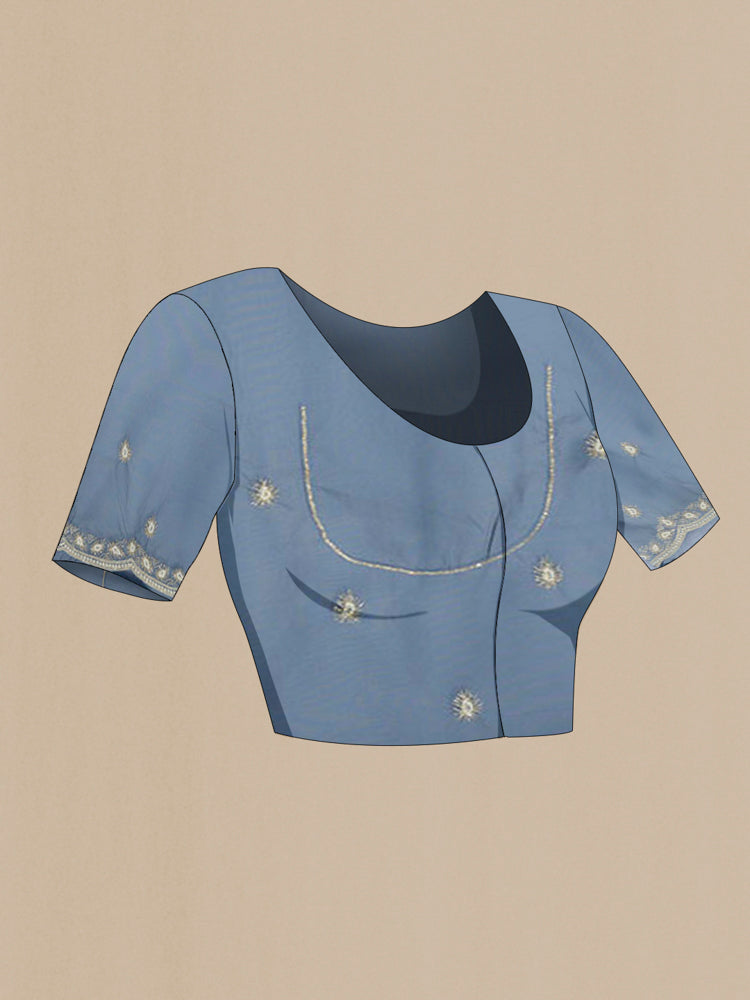 Close up image of the blouse of Navy Blue Art Silk Saree with Embroidery on the body and Silk Border. 