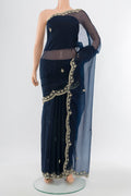 Navy Blue Art Silk Saree with Embroidery on the body and Silk Border.  displayed on a mannequin
