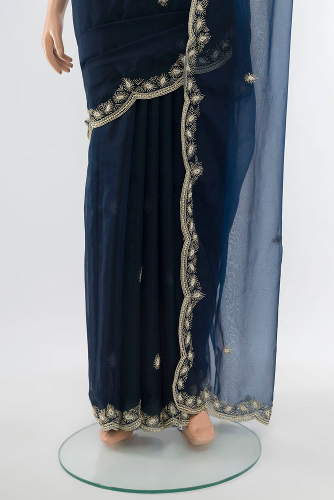 Pleats and pallu of Navy Blue Art Silk Saree with Embroidery on the body and Silk Border. 