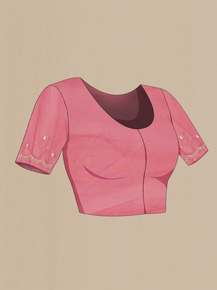 Close up image of the blouse of Red Art Silk Saree with Embroidery on the body and Silk Border. 