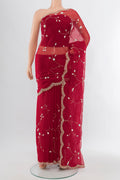 Red Art Silk Saree with Embroidery on the body and Silk Border.  displayed on a mannequin