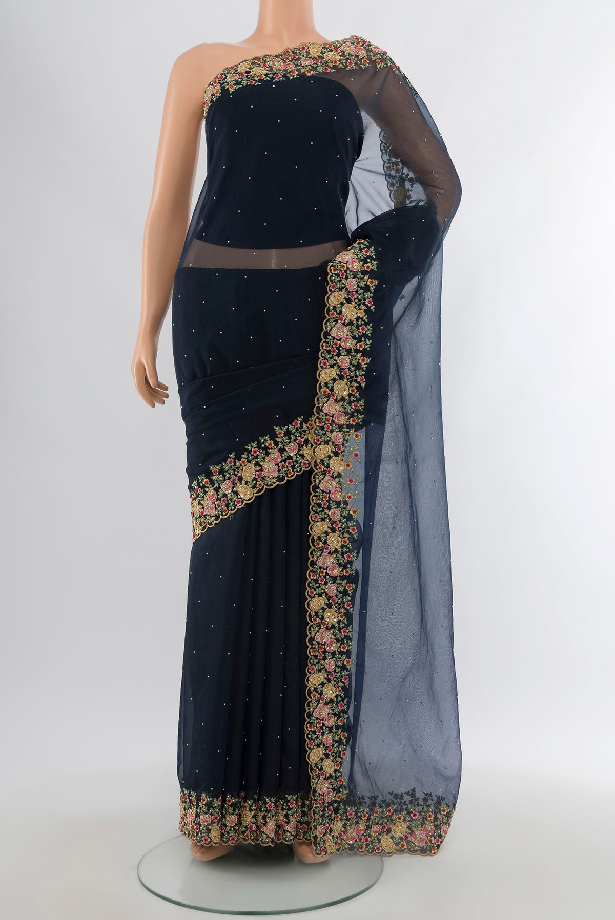 Navy Blue Blended Embroidery Net Saree with Embroidery on the body and Embroidery Border.  displayed on a mannequin