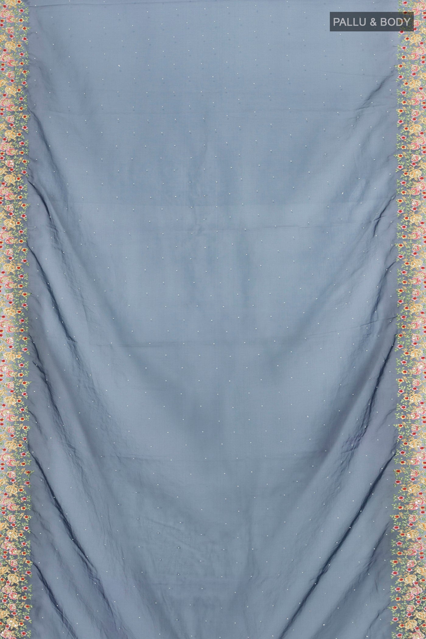 Flat view of Navy Blue Blended Embroidery Net Saree with Embroidery on the body and Embroidery Border. 