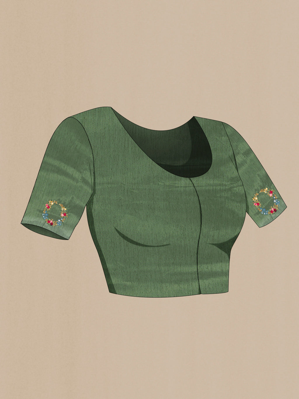 Close up image of the blouse of Olive Green Art Silk Saree with Embroidery on the body and Embroidery Border. 