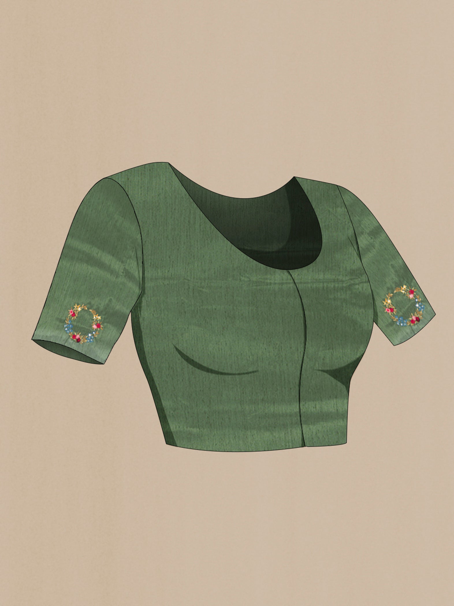 Close up image of the blouse of Olive Green Art Silk Saree with Embroidery on the body and Embroidery Border. 