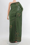 Olive Green Art Silk Saree with Embroidery on the body and Embroidery Border.  displayed on a mannequin
