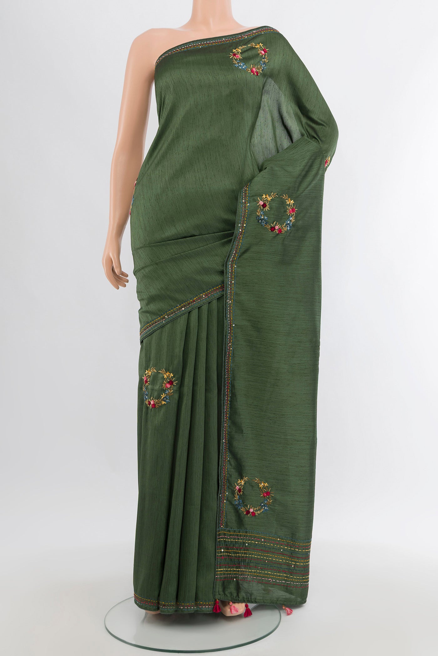 Olive Green Art Silk Saree with Embroidery on the body and Embroidery Border.  displayed on a mannequin