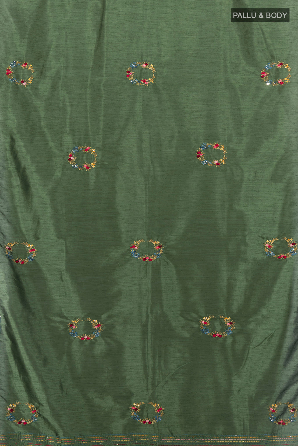 Flat view of Olive Green Art Silk Saree with Embroidery on the body and Embroidery Border. 