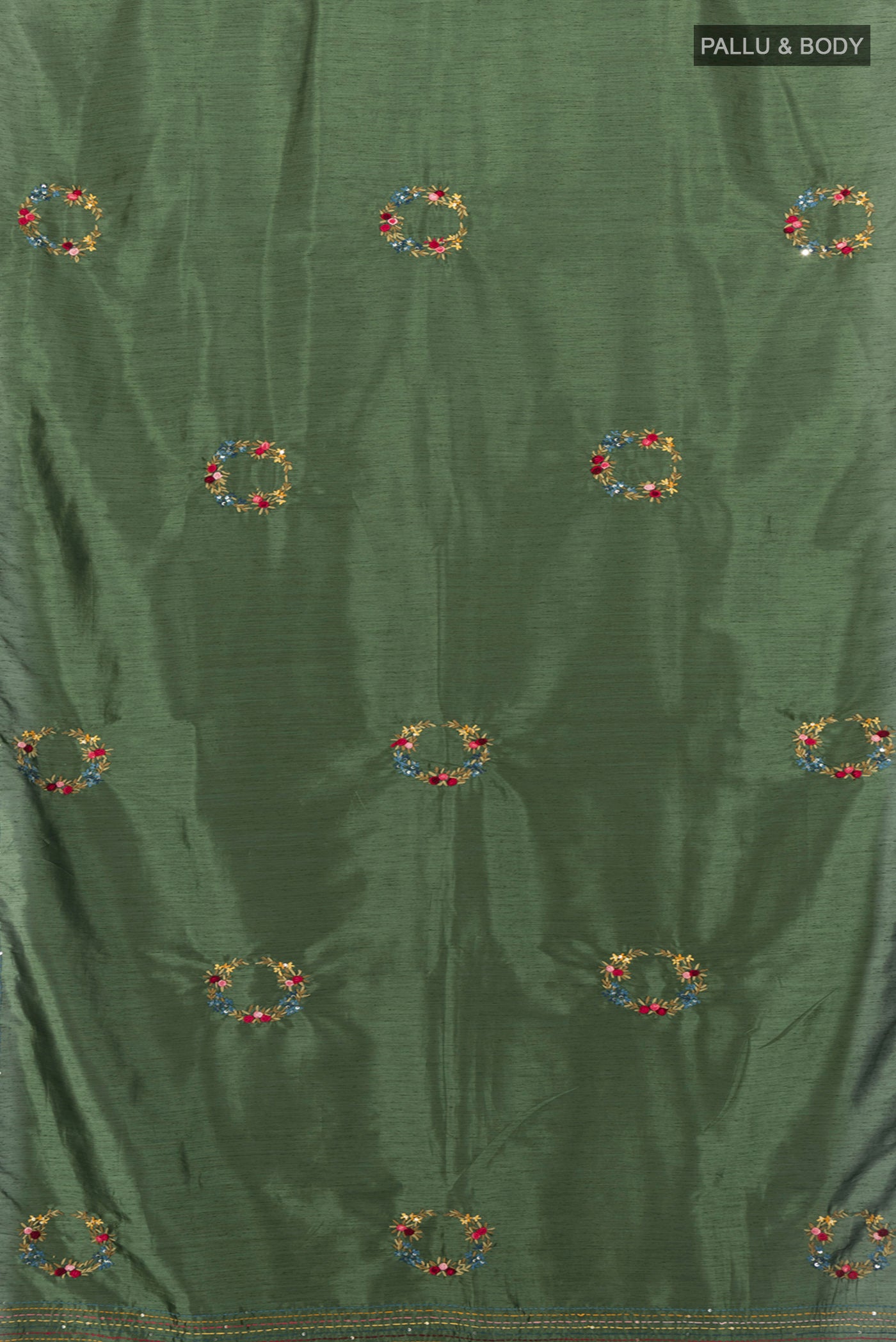 Flat view of Olive Green Art Silk Saree with Embroidery on the body and Embroidery Border. 