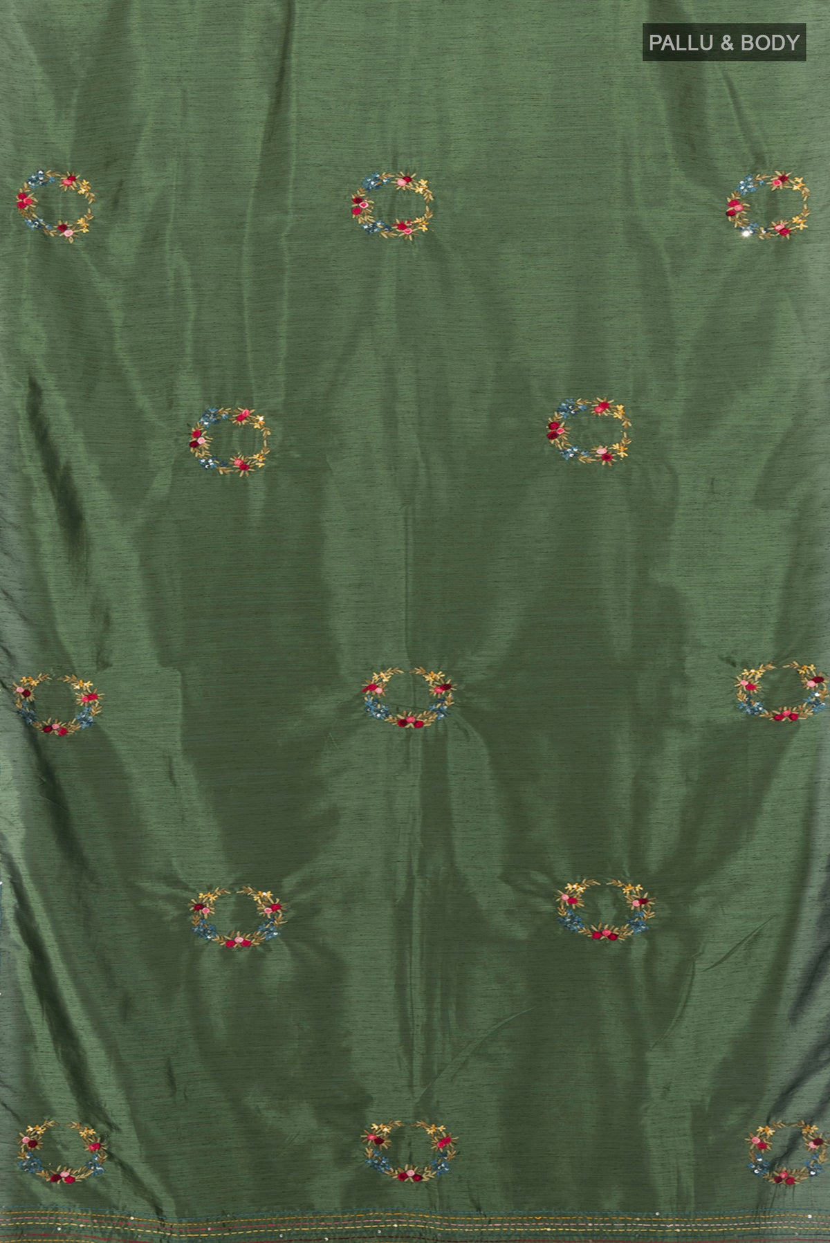 Flat view of Olive Green Art Silk Saree with Embroidery on the body and Embroidery Border. 