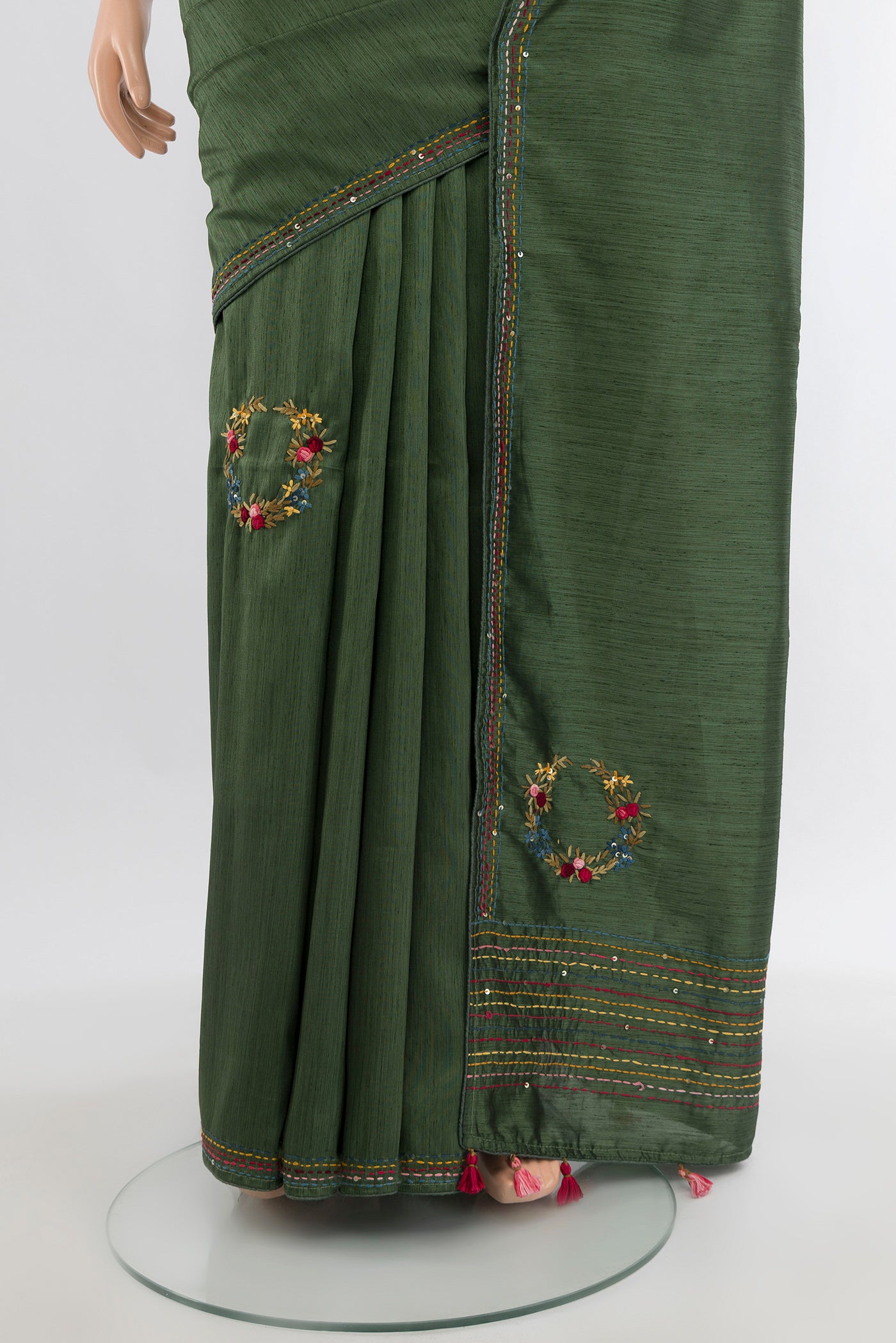 Pleats and pallu of Olive Green Art Silk Saree with Embroidery on the body and Embroidery Border. 