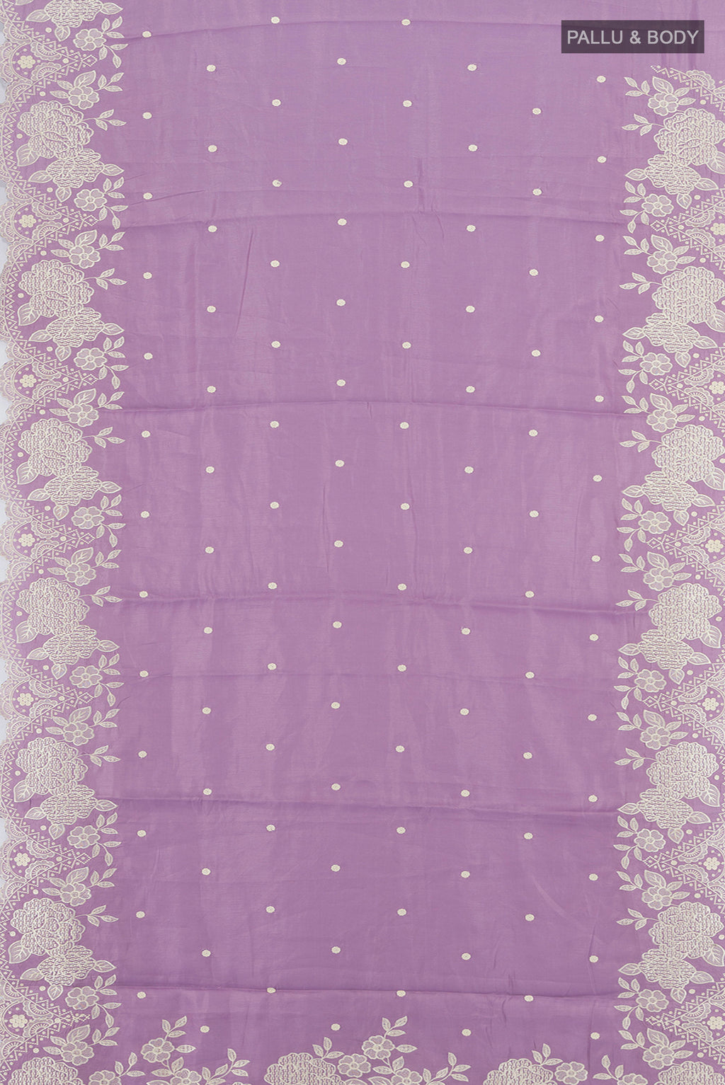 Flat view of Lavender Art Silk Saree with Embroidery on the body and Silk Border. 
