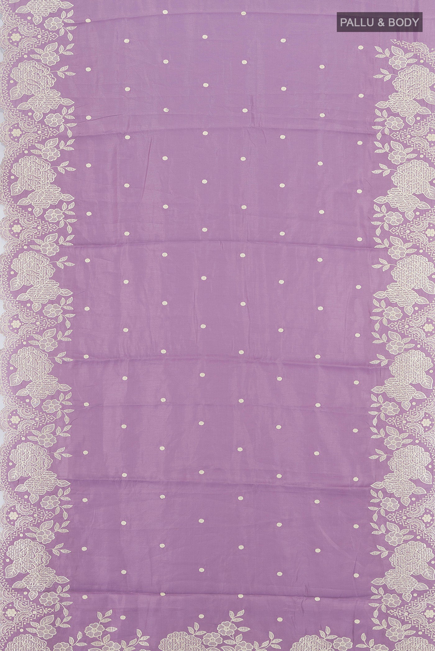 Flat view of Lavender Art Silk Saree with Embroidery on the body and Silk Border. 