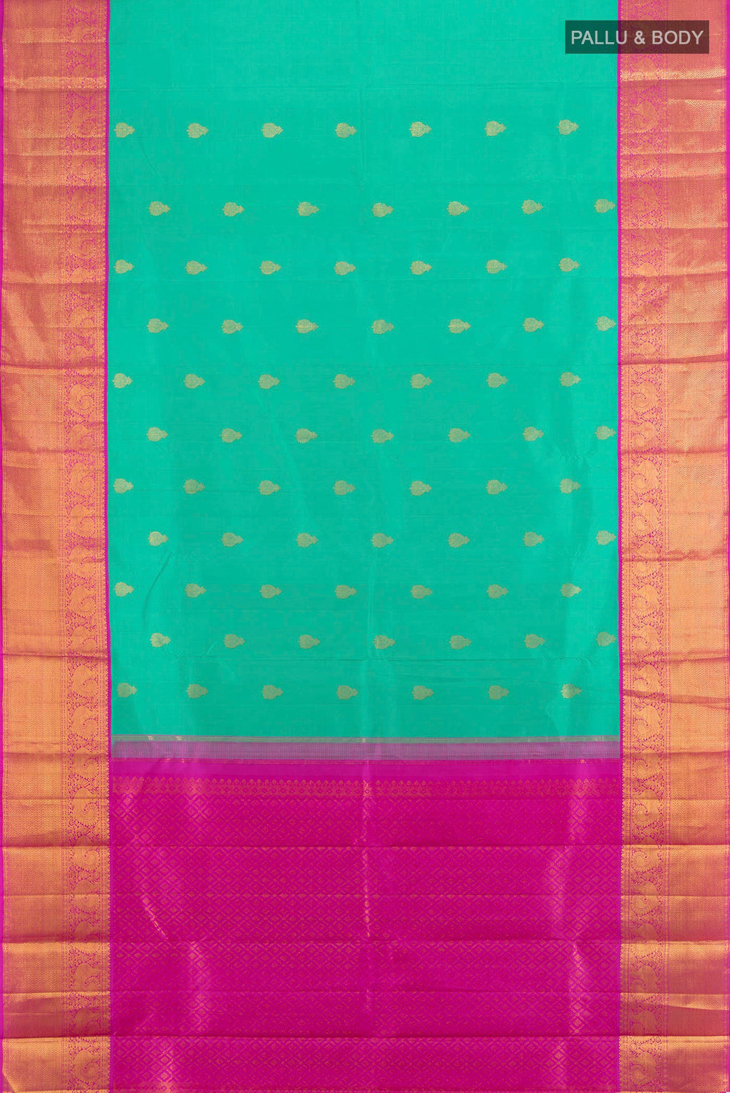 Flat view of Turquoise Kanjivaram Silk Saree with Zari Butta on the body and Zari Border. 