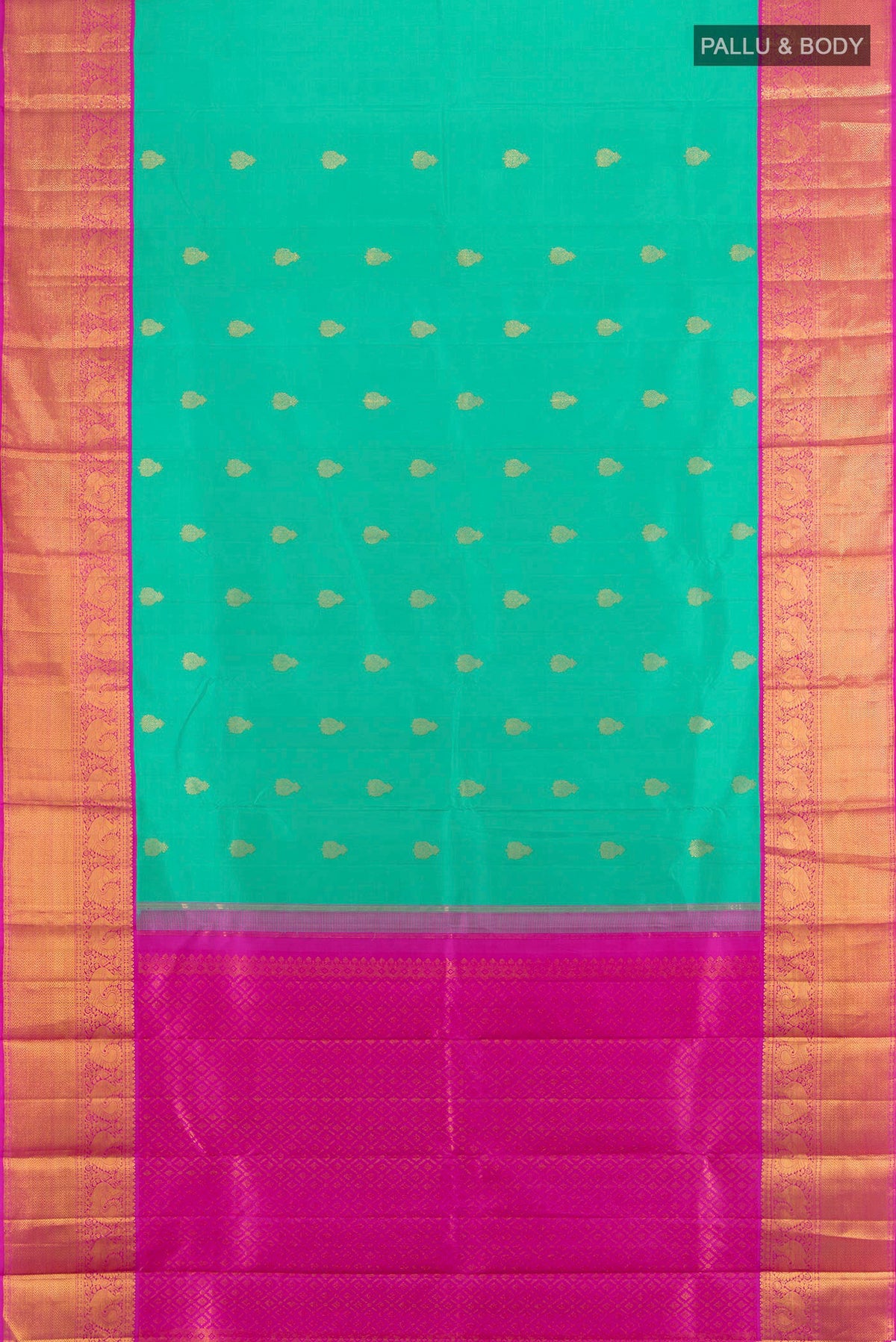 Flat view of Turquoise Kanjivaram Silk Saree with Zari Butta on the body and Zari Border. 