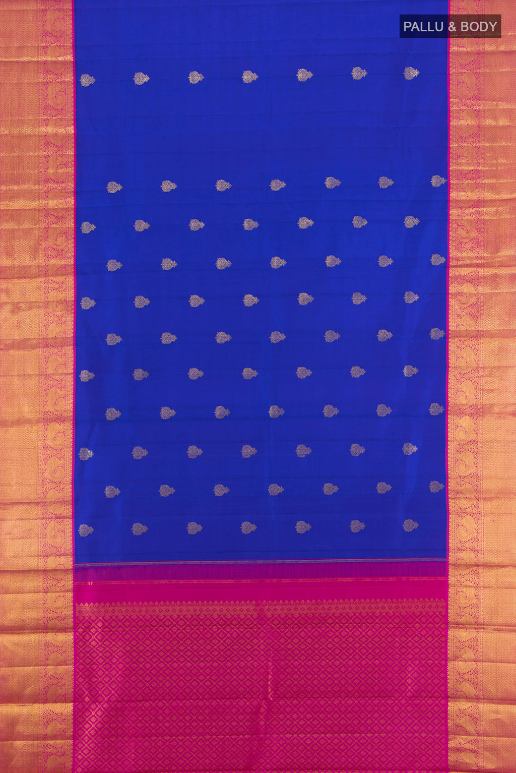 Flat view of Royal Blue Kanjivaram Silk Saree with Zari Butta on the body and Zari Border. 