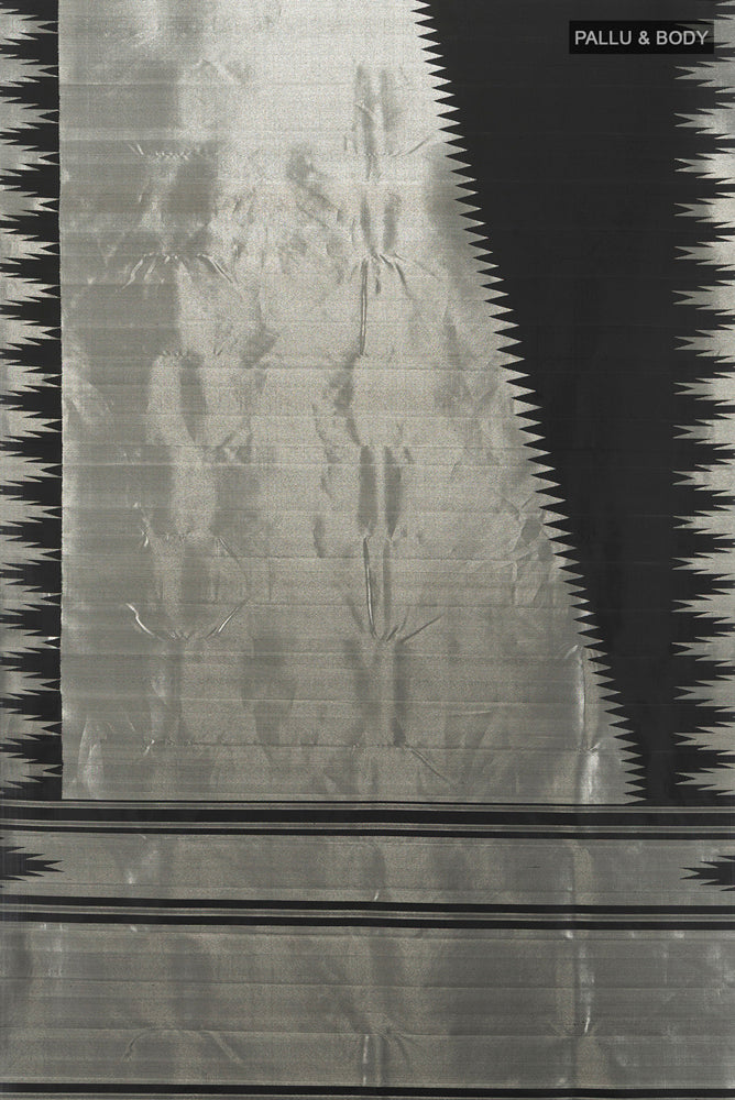 Flat view of Pure Silk Pure Zari Silver Kanchipuram Saree with Zari Butta on the body and Silk Border. 