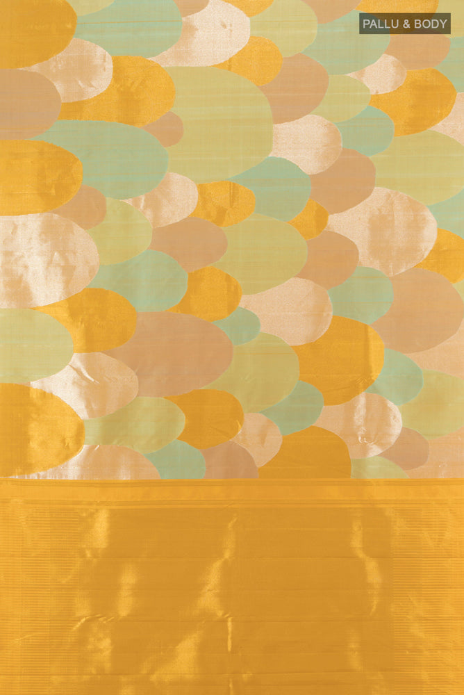 Flat view of Pure Silk Pure Zari Multi Color Kanjivaram Saree with Zari Butta on the body and Silk Border. 