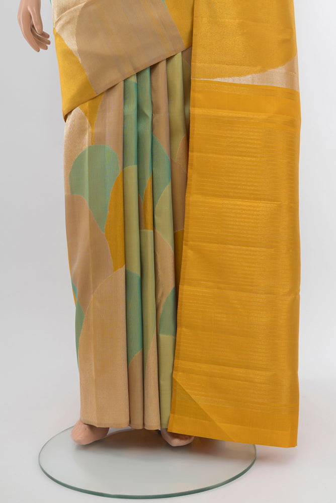 Pleats and pallu of Pure Silk Pure Zari Multi Color Kanjivaram Saree with Zari Butta on the body and Silk Border. 