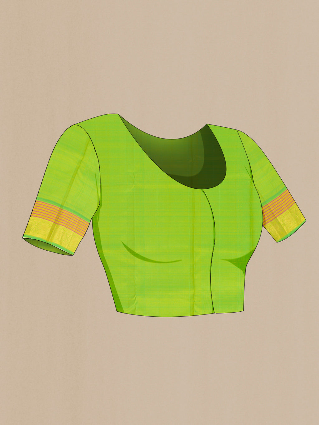 Close up image of the blouse of Parrot Green Kanchipuram Silk Saree with Zari Butta on the body and Zari Border. 