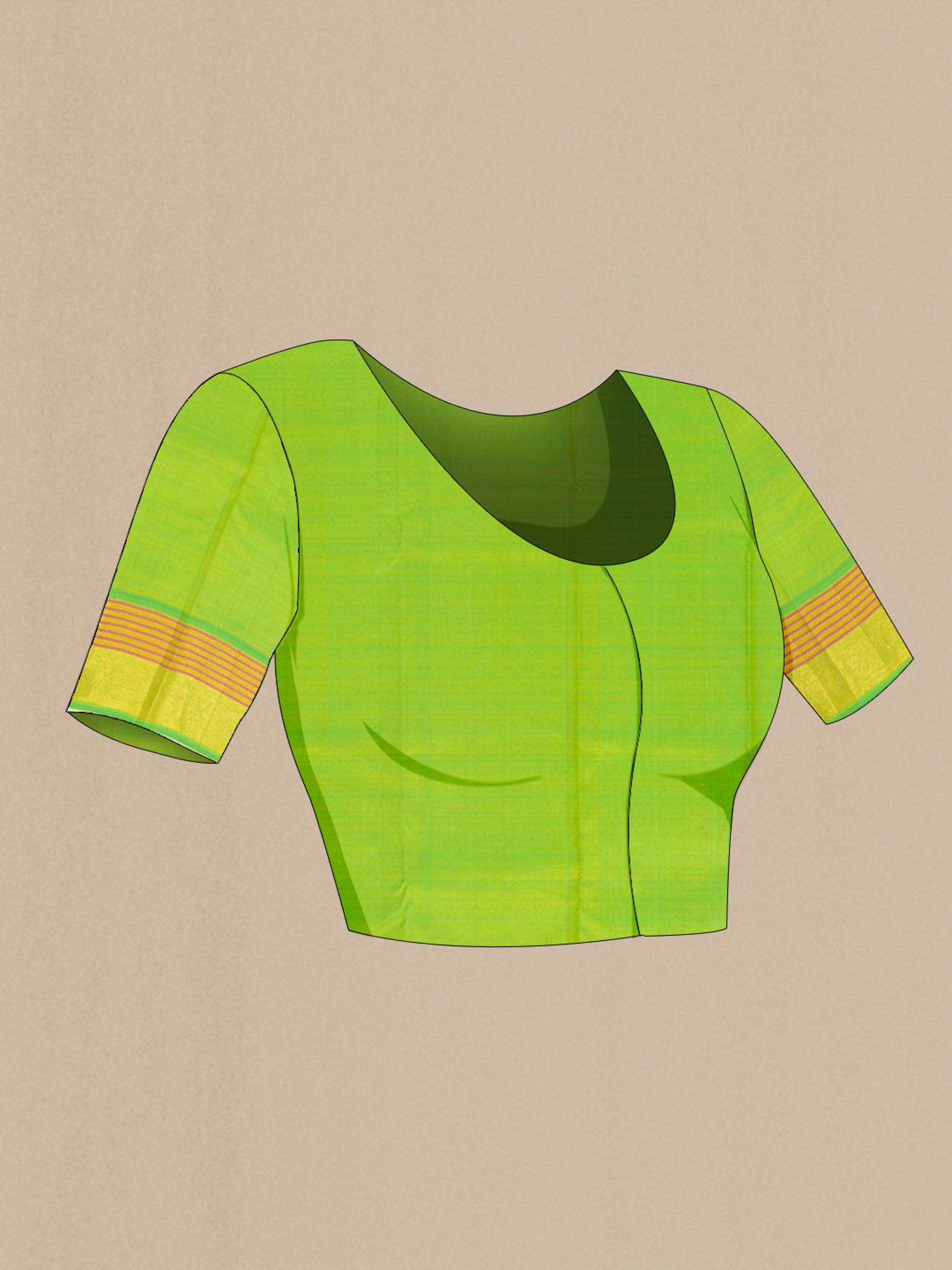 Close up image of the blouse of Parrot Green Kanchipuram Silk Saree with Zari Butta on the body and Zari Border. 