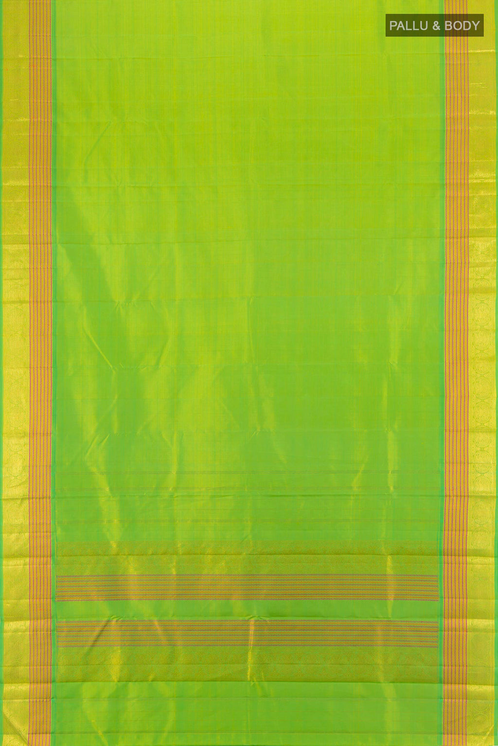 Flat view of Parrot Green Kanchipuram Silk Saree with Zari Butta on the body and Zari Border. 