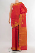 Pink with Orange Color Kanjivaram Silk Saree with Stripes on the body and Zari Border.  displayed on a mannequin