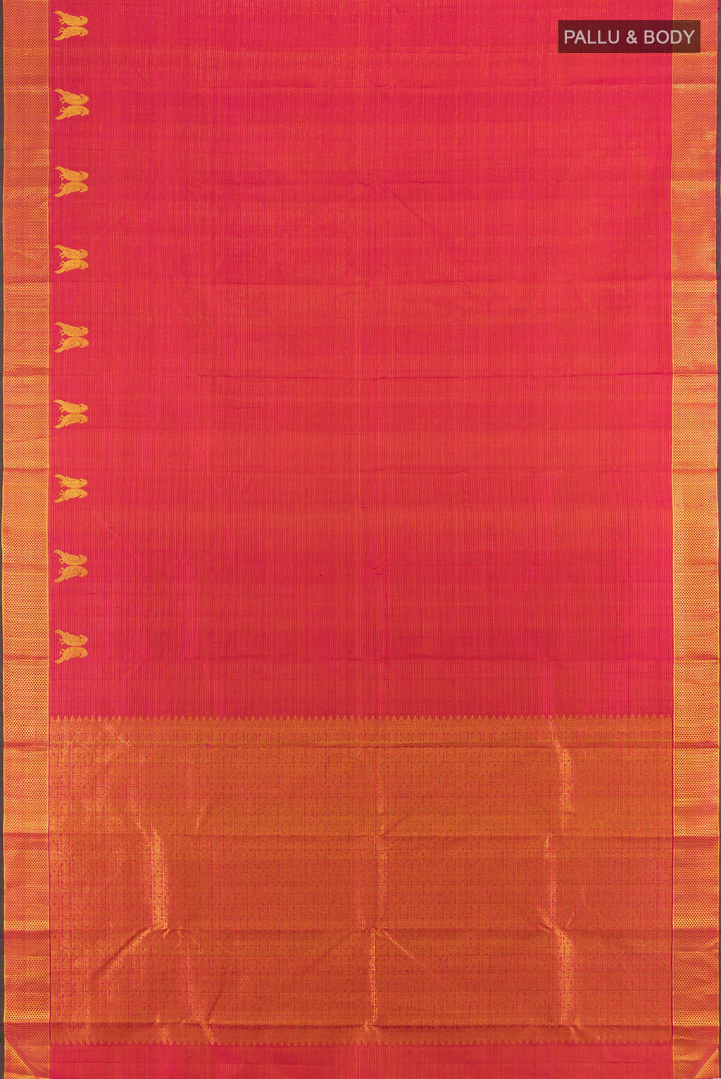 Flat view of Pink with Orange Color Kanjivaram Silk Saree with Stripes on the body and Zari Border. 
