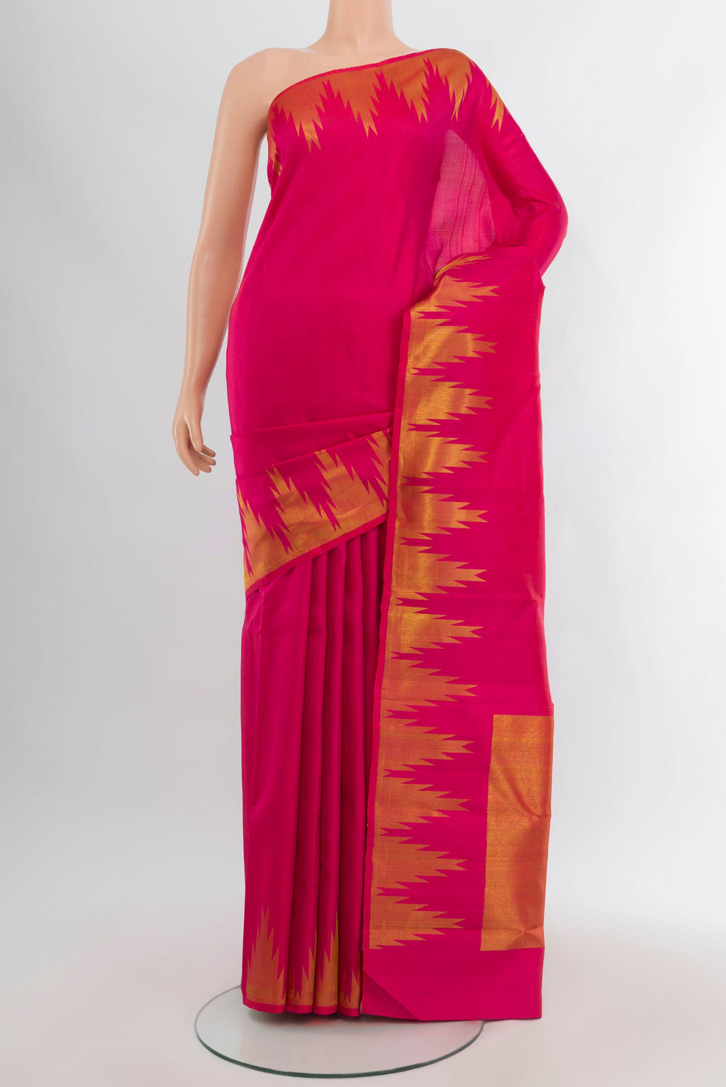 Pink Kanjivaram Silk Saree with Plain Body and Temple Border.  displayed on a mannequin