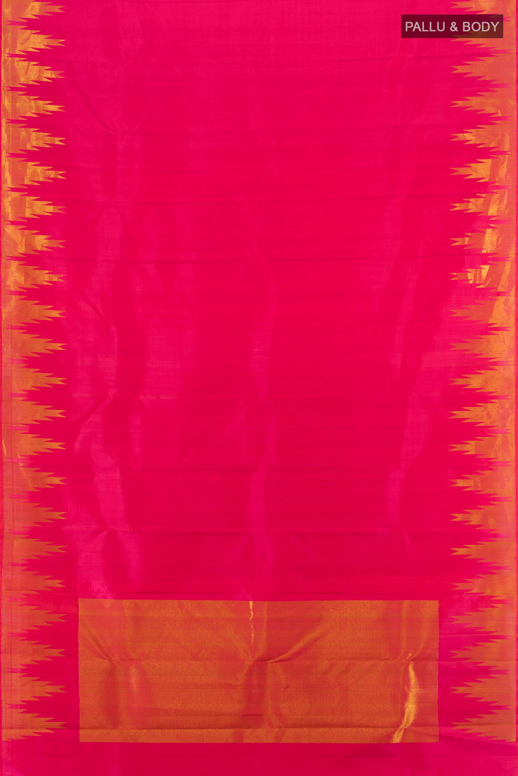 Flat view of Pink Kanjivaram Silk Saree with Plain Body and Temple Border. 