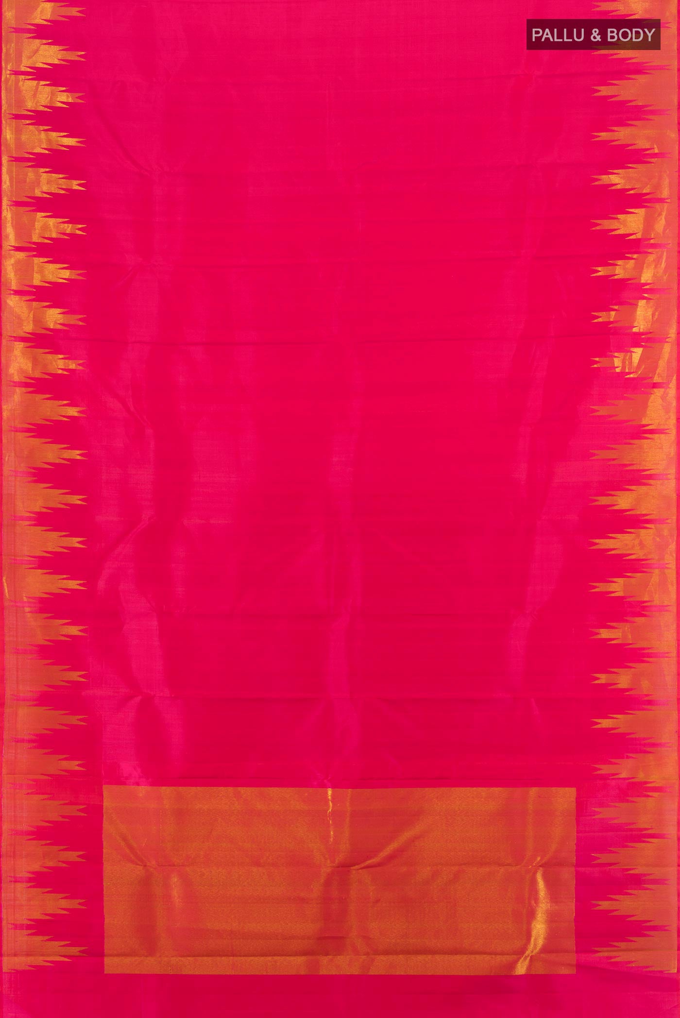Flat view of Pink Kanjivaram Silk Saree with Plain Body and Temple Border. 