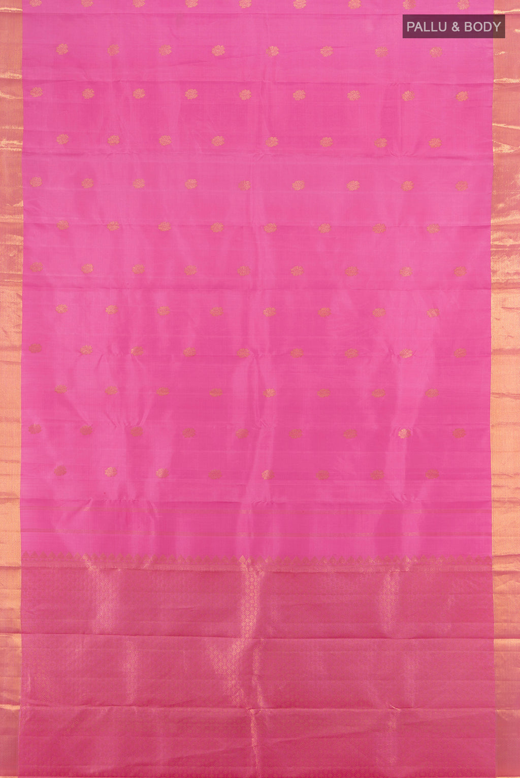 Flat view of Rose Gold Kanjivaram Silk Saree with Zari Butta on the body and Silk Border. 