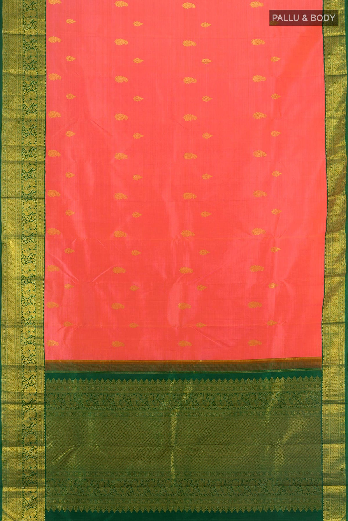 Flat view of Pure Silk Coral Kanjivaram Saree with Zari Butta on the body and Zari Border. 