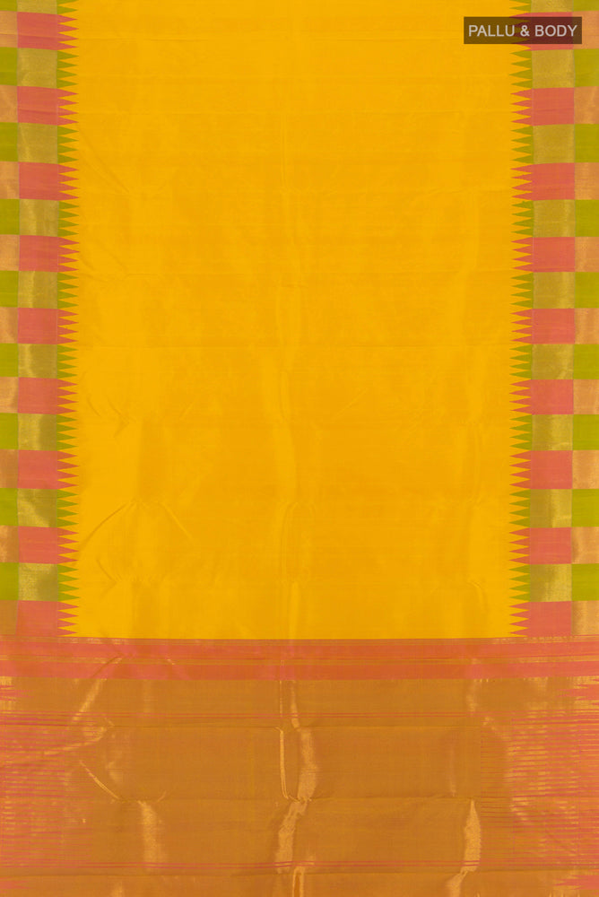 Flat view of Pure Silk Pure Zari Yellow Kanjivaram Saree with Zari Butta on the body and Silk Border. 
